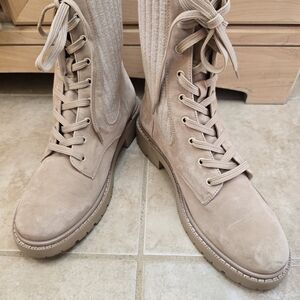 Sam Edelman Lydell Combat Boot Leather Beige Suede Leather Knit Uppers Size 9.5